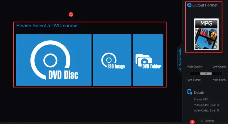 Screenshot of WonderFox DVD Ripper Pro software interface showing options to select a DVD source: DVD disc, ISO image, or DVD folder. The output format selected is MP4 with a small preview image