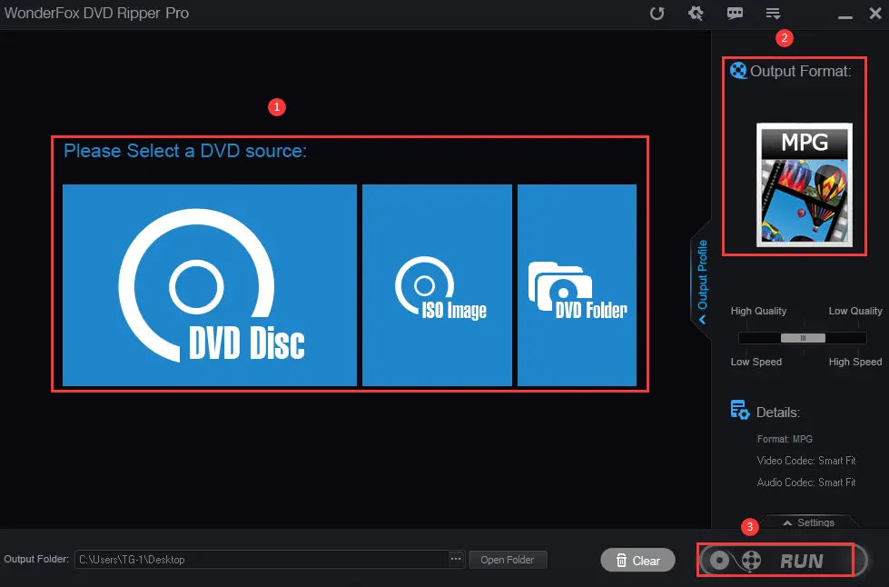 Screenshot of WonderFox DVD Ripper Pro software interface showing options to select a DVD source: DVD disc, ISO image, or DVD folder. The output format selected is MP4 with a small preview image