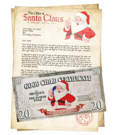 Vintage-style Santa Claus letter from "the office of Santa Claus" with a playful illustration of Santa at the top. Below, a "good child certificate" with intricate designs, Santa's image