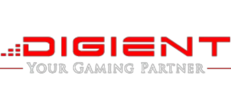 Red and black logo of "digient, your poker software partner" featuring a stylized, modern font, with a game controller icon forming part of the letter "g" in "digient.