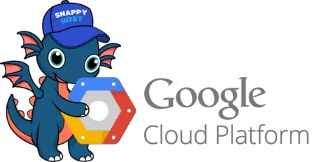 An illustration of a blue dragon wearing a blue cap labeled "snappy host," holding a multicolored hexagonal shield with the Google Cloud Platform logo and the slogan "make money online" next to