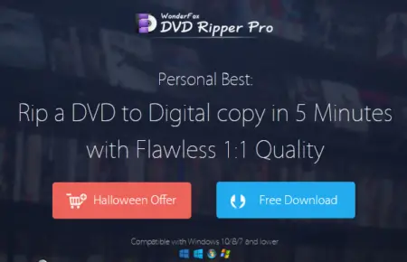 Screenshot of the WonderFox DVD Ripper Pro software website promoting the ability to back up DVDs to MP4 in 5 minutes with a "Halloween offer" and "free download" buttons.