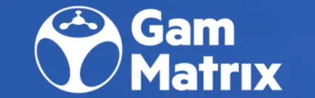 Logo of Gammatrix featuring a stylized white symbol resembling a poker chip above the name "gammatrix" in white text on a blue background.