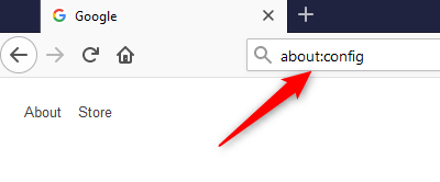 A screenshot of a Mozilla Firefox web browser with a red arrow pointing to the address bar that displays the URL "about:config".