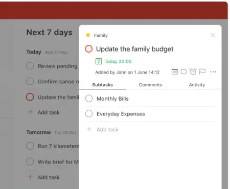 A screenshot of a task management app displaying upcoming tasks for the next 7 days, with a highlighted task to "update the family budget" scheduled by John on June 1st.