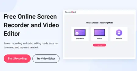 A website homepage promoting Recordcast, a free online screen recorder and video editor, featuring buttons for starting recording and trying the video editor, with a sample interface demonstrating recording modes.