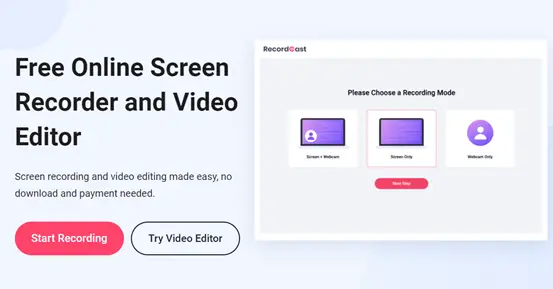 RecordCast Free Computer Screen Recorder Without Plugins and Software 1