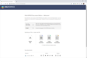 Screenshot of ONLYOFFICE document editor interface showing options to upload file, create new document, spreadsheet, or presentation, with a list of recent documents displayed below.