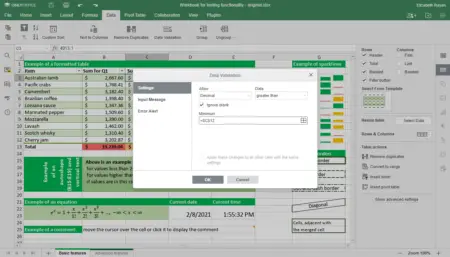 Screenshot of an open spreadsheet in ONLYOFFICE with multiple cells displaying data and formulas. A "data" menu is open showing options for validation, and a cell comment is visible on the screen.