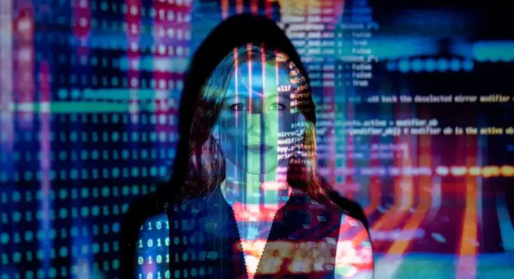 photo of code projected over woman