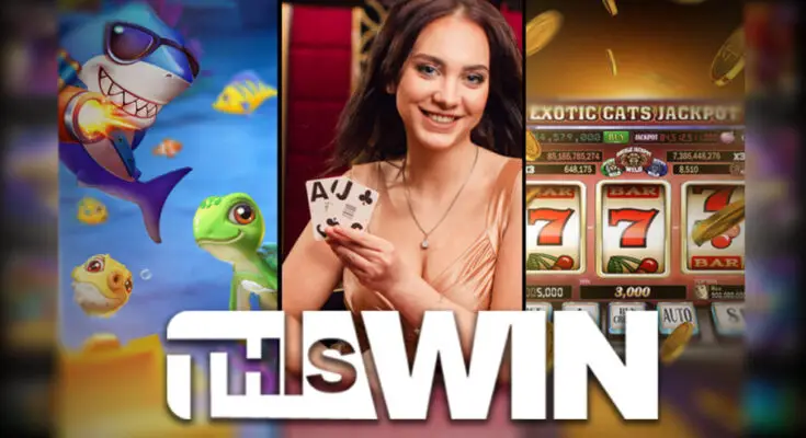 A montage featuring entertainment with a young woman holding playing cards, colorful cartoon images of a shark and a frog, and a slot machine screen displaying various numbers and the text "exotic cats jackpot.