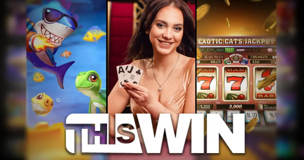 A montage featuring entertainment with a young woman holding playing cards, colorful cartoon images of a shark and a frog, and a slot machine screen displaying various numbers and the text "exotic cats jackpot.