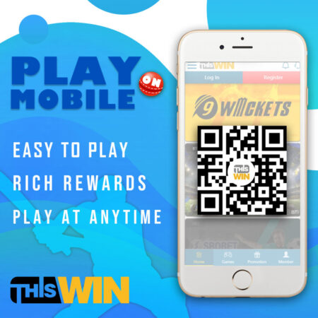 An advertisement featuring a smartphone displaying a QR code for a mobile gaming app called "9 Wickets" on a bright blue background with text promoting "play mobile entertainment" with icons and logos.