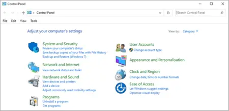 A screenshot of the Microsoft Windows Control Panel interface, displaying various system settings categories such as System and Security, Network and Internet, User Accounts, and Active Directory in icon view.