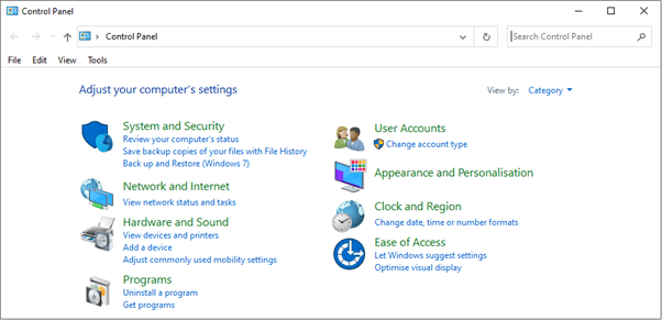 A screenshot of the Microsoft Windows Control Panel interface, displaying various system settings categories such as System and Security, Network and Internet, User Accounts, and Active Directory in icon view.