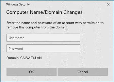 A Microsoft Windows security dialog box titled "Computer Name/Domain Changes," prompting for a username and password, and displaying the Active Directory domain name "calvary.lan," with OK and Cancel buttons.