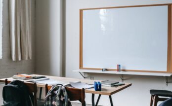 school bench with stationery in classroom