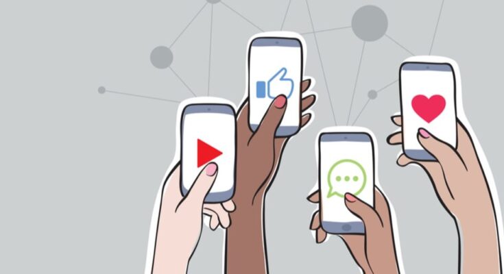 Illustration of multiple hands holding smartphones, each displaying different social media platforms icons like a thumbs-up, a heart, a play button, and a speech bubble on the screens, against a background of connected