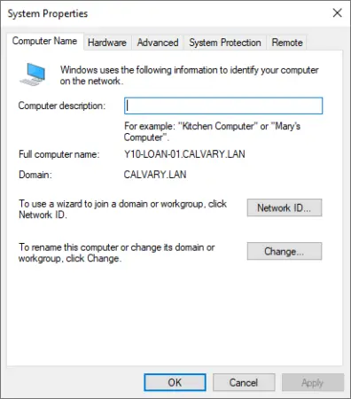 Screenshot of the system properties dialog box on a Microsoft computer, with tabs for computer name, hardware, advanced, Active Directory, and others, and an input field for renaming the computer.