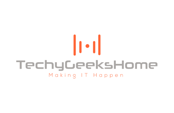 Logo of techygeekshome featuring an orange and white sound wave design between two vertical bars, with the company name in white and the slogan "making it happen" below in orange.