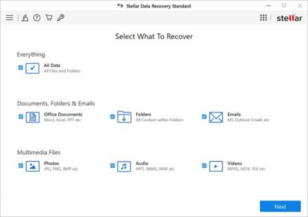 Screenshot of the Stellar Data Recovery Standard software interface, showing various data recovery options such as documents, folders, emails, and multimedia files like photos and videos.
