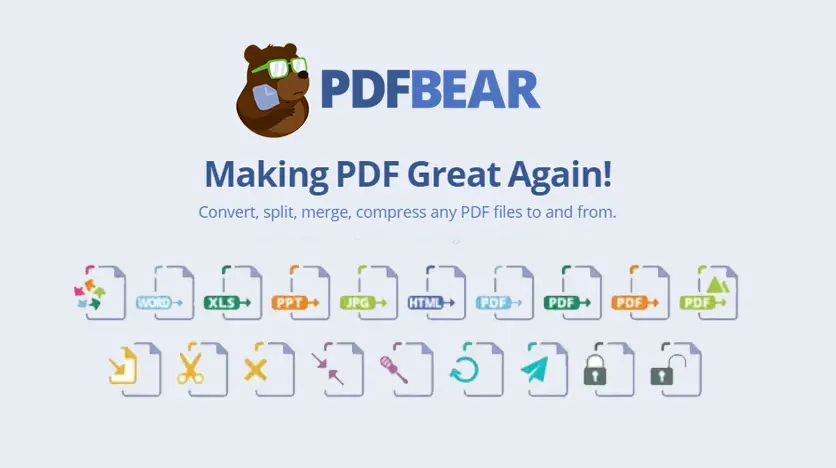 A promotional image for pdfbear featuring a logo with a bear wearing glasses and a slogan "making pdf great again". Below are icons representing various file formats like Word, Excel, and JPG for cleaning and