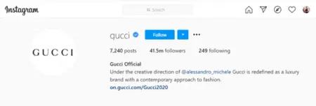 Screenshot of Gucci's Instagram profile featuring the logo, follower count of 41.5m, and bio mentioning the creative direction of Alessandro Michele. The profile also includes tips on how to get