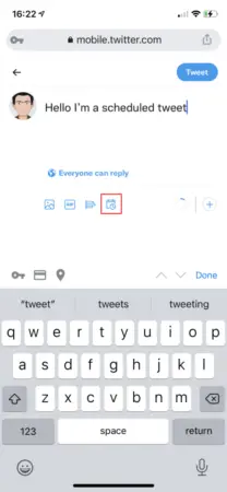 Screenshot of how to schedule a tweet on a mobile device, with text "hello i’m a scheduled tweet" typed in the tweet box. Icons for media addition and reply setting are visible.