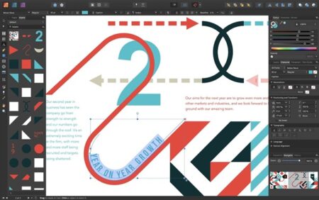 A screenshot of a graphic design project on a computer screen, showing the editing process of a colorful digital presentation with various charts and text annotations within an affordable alternatives to Adobe design software interface.