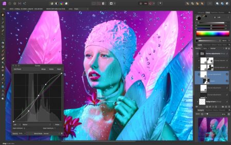 A digital editing workspace displaying a colorful, stylized image of a person with pink and blue tones and leaf textures overlaying the skin, with adjustment tools and layers visible in one of the best affordable alternatives