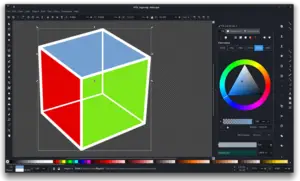 A digital rendering of a multicolored cubic structure on Affordable Alternatives to Adobe graphic design software, showing tools for color adjustment and layer editing on the right side of the screen.