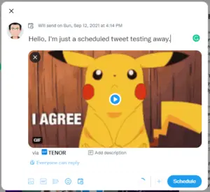 Screenshot of a messaging interface demonstrating how to schedule a tweet on mobile, featuring a gif of Pikachu nodding, accompanied by the text "I agree.