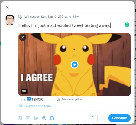 Screenshot of a messaging interface demonstrating how to schedule a tweet on mobile, featuring a gif of Pikachu nodding, accompanied by the text "I agree.