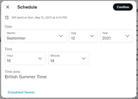A digital schedule interface for setting up a tweet on Android, displaying options to select the date (September 12, 2021) and time (4:14 pm British Summer Time), with a