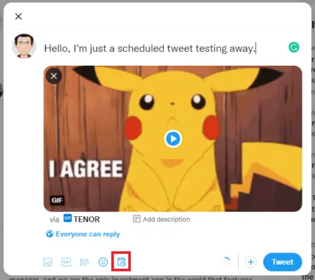A screenshot of a social media post featuring a gif of Pikachu from Pokémon, with the play button overlay. The post includes message composing tools and the text "how to schedule a tweet" visible.