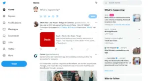 A screenshot of a Twitter feed showing various tweets including one with a targeted ad for electronic deals, and another tweet from a user commenting on innovative investment strategies. The sidebar displays trending topics and suggestions on who