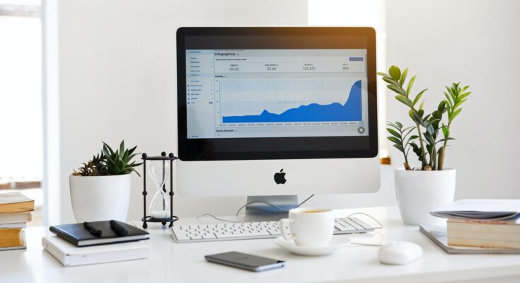 silver imac displaying line graph placed on desk