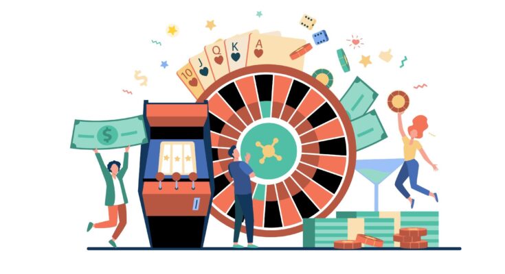 Colorful illustration of people engaging with various online gambling elements like a slot machine, roulette, casino chips, and currency, symbolizing fun and entertainment in a gaming environment.