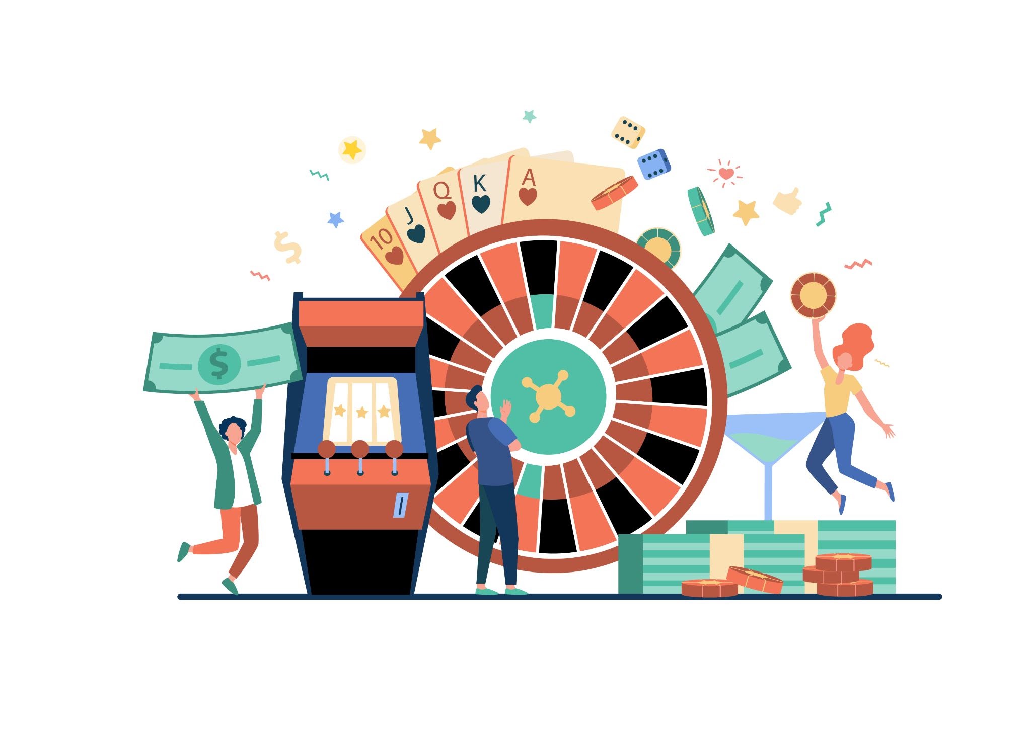 Colorful illustration of people engaging with various online gambling elements like a slot machine, roulette, casino chips, and currency, symbolizing fun and entertainment in a gaming environment.