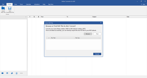 Screenshot of a computer screen displaying the "Stellar Converter for NSF" software interface with options to convert Lotus Notes NSF files to Microsoft Outlook PST format.