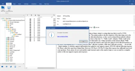Screenshot of a computer desktop showing an ost to pst conversion software interface with a "conversion successful" notification dialog box. The email client Outlook with several folders, including Stellar Converter, is visible