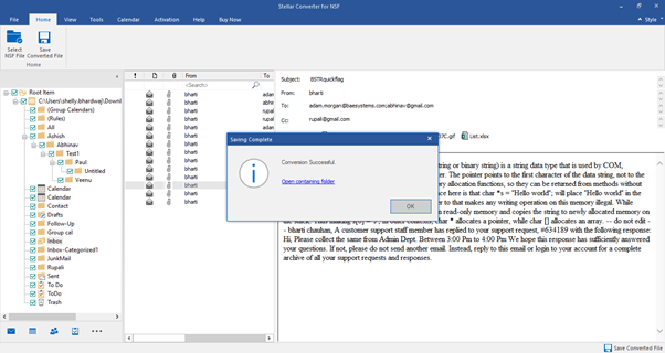 Screenshot of a computer desktop showing an ost to pst conversion software interface with a "conversion successful" notification dialog box. The email client Outlook with several folders, including Stellar Converter, is visible