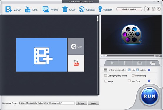 Screenshot of WinX Video Converter software interface, displaying video, URL, DVD options, and an example of adding a video file ready for conversion with conversion settings visible.
