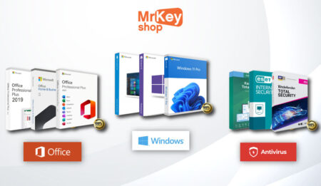 Graphic showing products available at Mr Key Shop, including Microsoft Office Professional Plus 2019, Microsoft Office, Windows 11 Pro, and ESET Internet Security antivirus software, arranged in a sleek, modern
