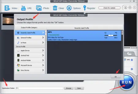 Screenshot of WinX Video Converter Deluxe software, showing its user interface with various video format options under "output profile" and a highlighted "run" button.