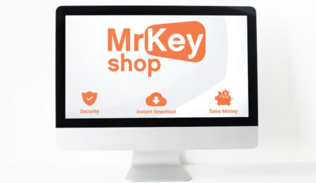 A computer monitor displaying the logo of "mrkeyshop" with icons highlighting "security," "instant download," and "activate Microsoft Office." The background is white, emphasizing the text and icons.