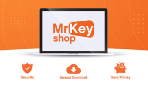 A graphic featuring a laptop screen displaying the logo "Mr Key Shop" with icons labeled security, instant download, and save money against a vibrant orange background.