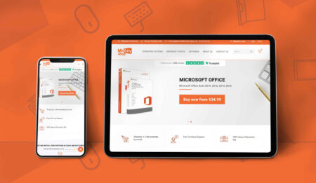A smartphone and a tablet displaying a website with an offer to activate Microsoft Office packages, set against an orange background with graphic elements.