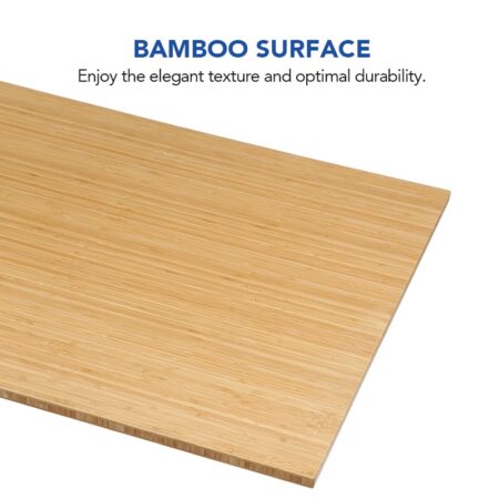 Detailed view of an E8 Standing Desk bamboo surface panel with text overlay stating "E8 Standing Desk. Enjoy the elegant texture and optimal durability." The panel is smooth with a natural bamboo texture.