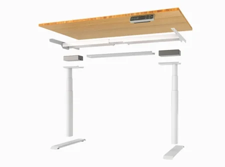 Modern E8 Standing Desk with a light wood top and white frame, featuring a digital control panel at the front center, set against a plain background.